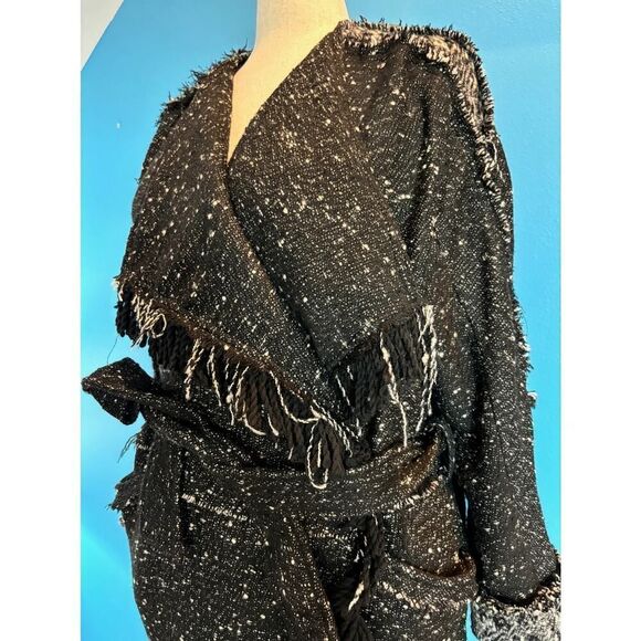 Free People UO Fringe Trim Open Front Coat Jacket Lined Self-Tie Belt M Black - Picture 7 of 10